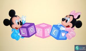 Muurschildering baby Mickey en Minnie spelen met blokken