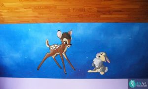 Wandschildering Bambi en Stampertje op sterrenhemel