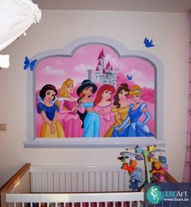 Muurschildering Disney-prinsessen in een raam