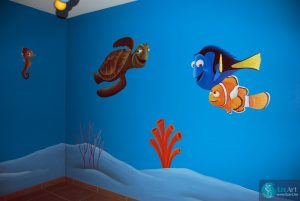 Muurschildering in kinderkamer met Marlin, Dory en Crush de schildpad