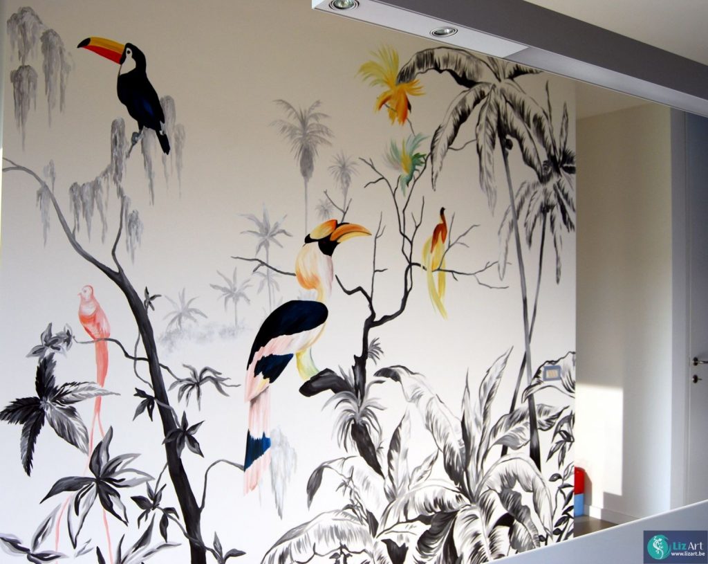 Muurschildering jungle met tropische vogels in een keuken