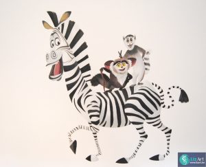 Muurschildering uit Madagascar. Zebra Marty bouwt met zijn vriendjes een feestje in de kinderkamer.