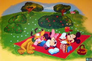 Muurschildering picknick met Mickey en Minnie