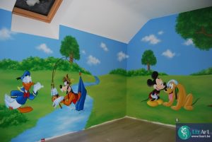 Muurschildering Mickey, Pluto, Goofy en Donald