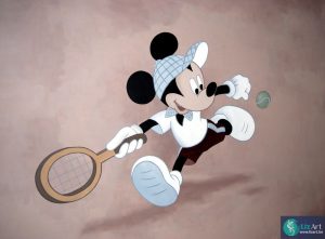 Muurschildering van Mickey Mouse die tennis speelt