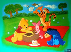 Muurschildering Pooh figuurtjes aan het picknicken