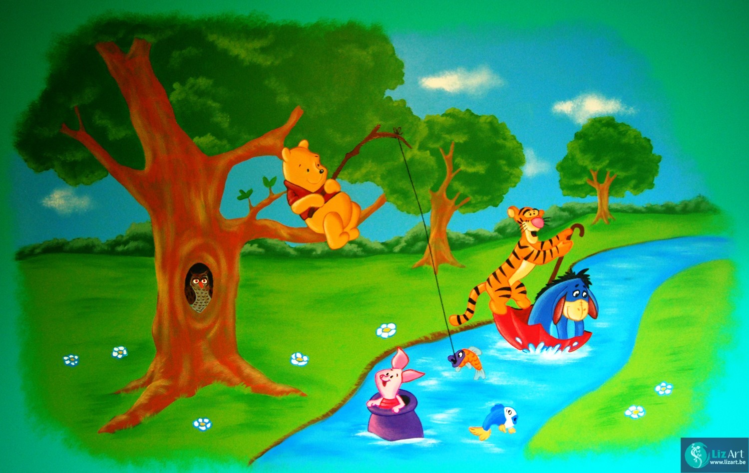 Muurschildering van Winnie De Pooh aan het vissen