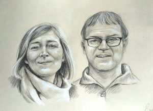 Portret koppel, potlood op gekleurd papier geschenk